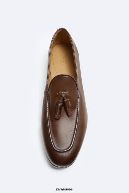 Zara chaussure P66V1274 Hommes mocassins à pampilles en cuir souple brun