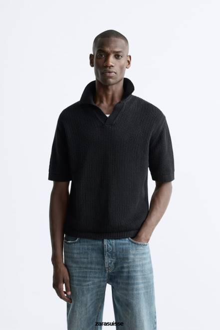 Zara vêtements P66V1025 Hommes polo en tricot au crochet noir