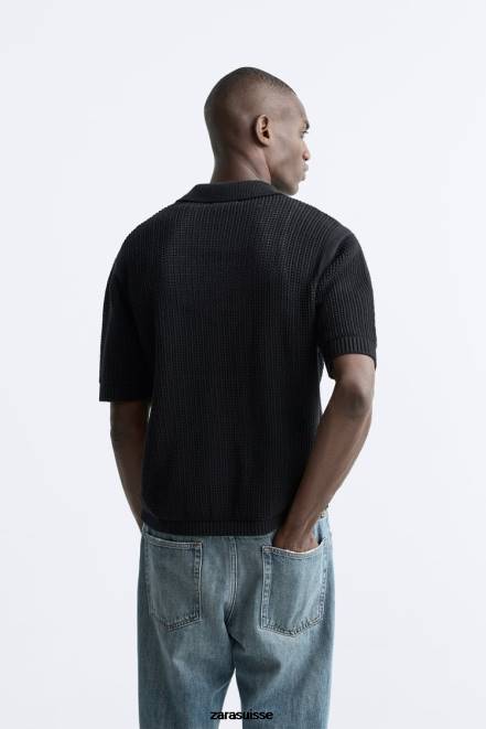 Zara vêtements P66V1025 Hommes polo en tricot au crochet noir