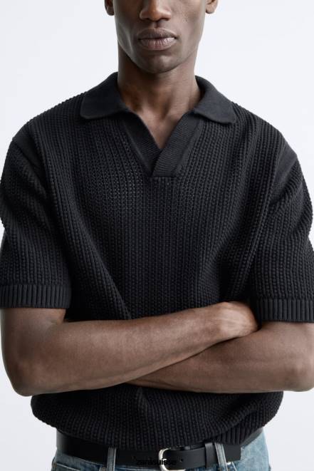 Zara vêtements P66V1025 Hommes polo en tricot au crochet noir