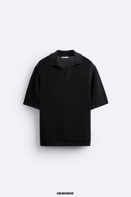 Zara vêtements P66V1025 Hommes polo en tricot au crochet noir