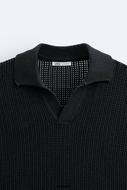 Zara vêtements P66V1025 Hommes polo en tricot au crochet noir