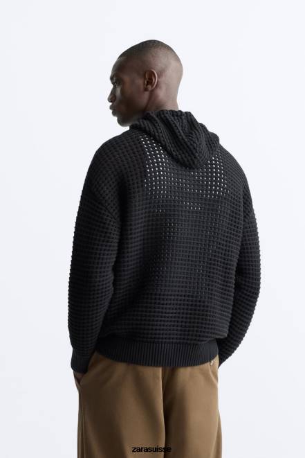 Zara vêtements P66V1026 Hommes pull à capuche en point tombant noir