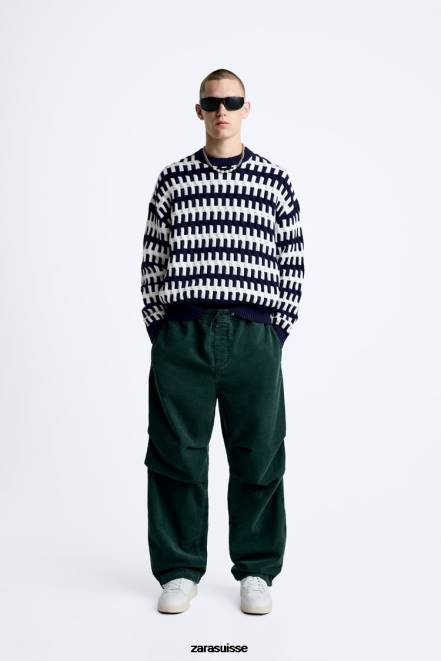 Zara vêtements P66V1028 Hommes pull en jacquard texturé bleu marine