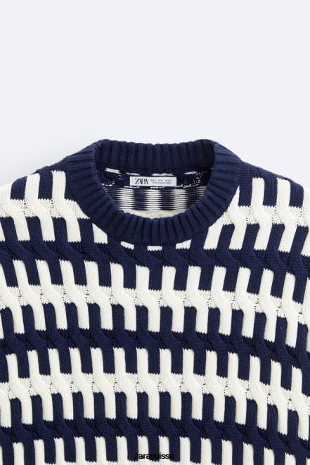 Zara vêtements P66V1028 Hommes pull en jacquard texturé bleu marine