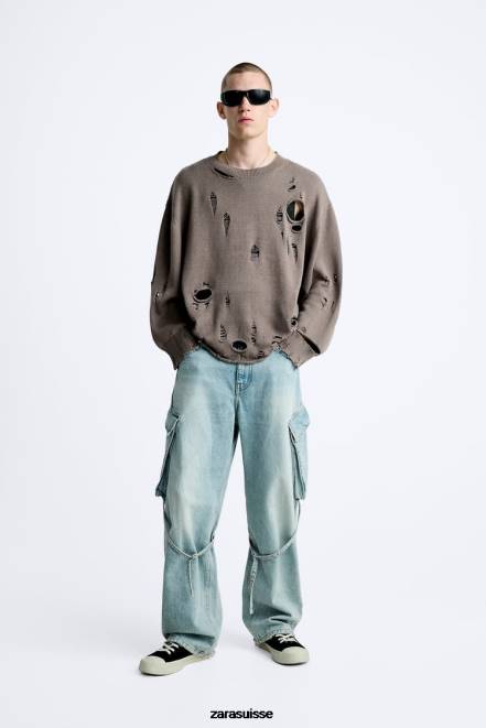 Zara vêtements P66V1029 Hommes pull texturé déchiré pierre