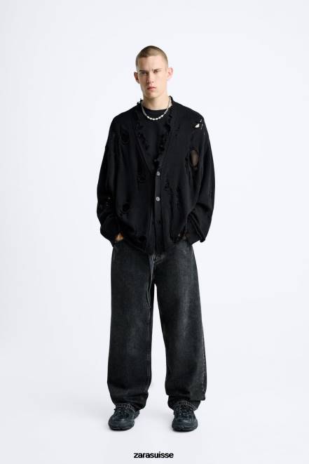 Zara vêtements P66V1030 Hommes cardigan structuré déchiré noir