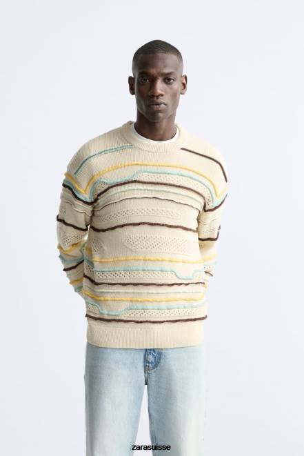 Zara vêtements P66V1031 Hommes pull texturé à rayures écru