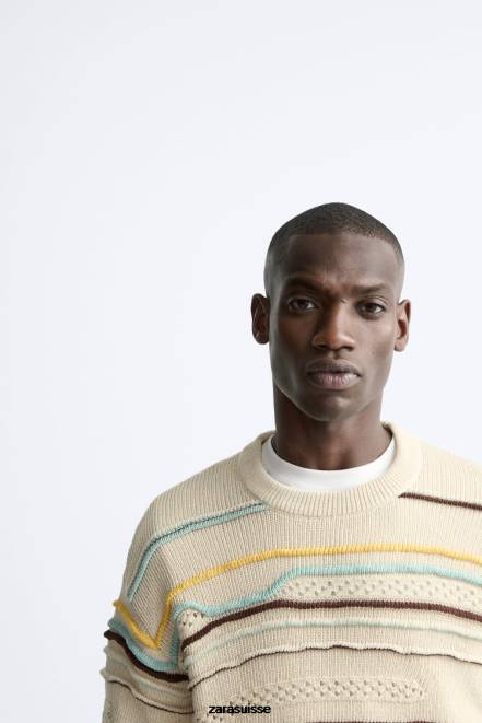 Zara vêtements P66V1031 Hommes pull texturé à rayures écru