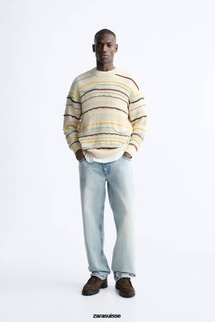 Zara vêtements P66V1031 Hommes pull texturé à rayures écru