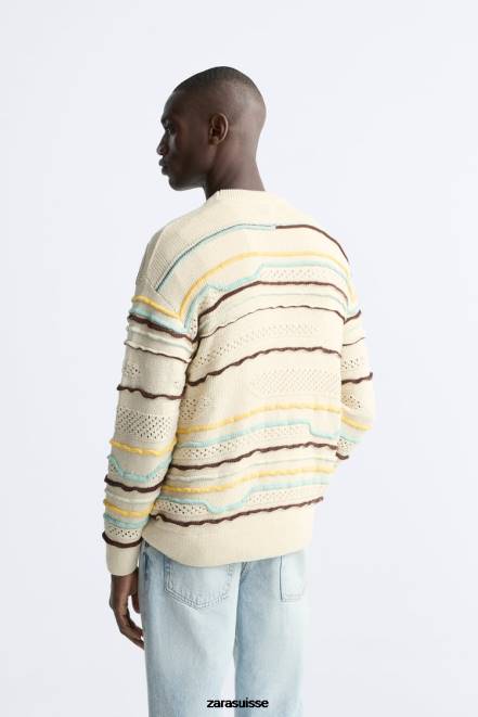 Zara vêtements P66V1031 Hommes pull texturé à rayures écru