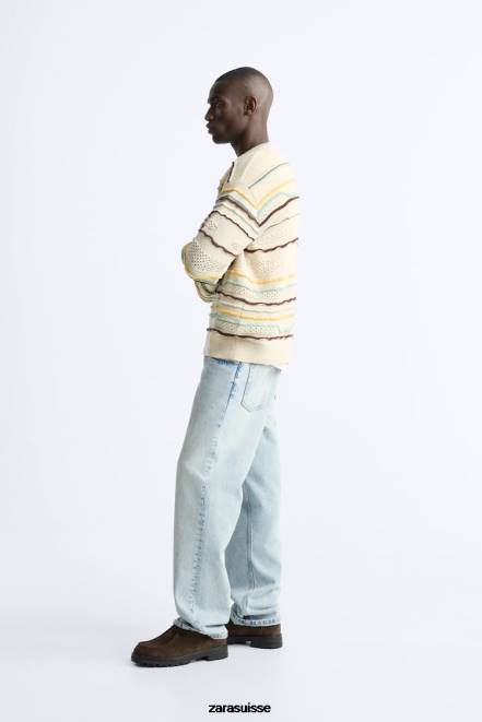 Zara vêtements P66V1031 Hommes pull texturé à rayures écru