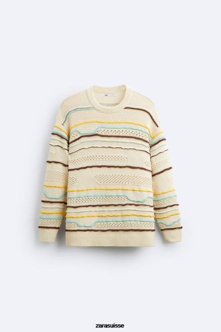Zara vêtements P66V1031 Hommes pull texturé à rayures écru