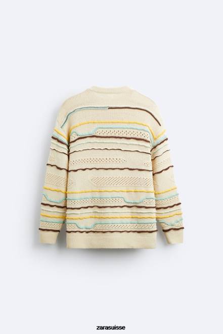 Zara vêtements P66V1031 Hommes pull texturé à rayures écru