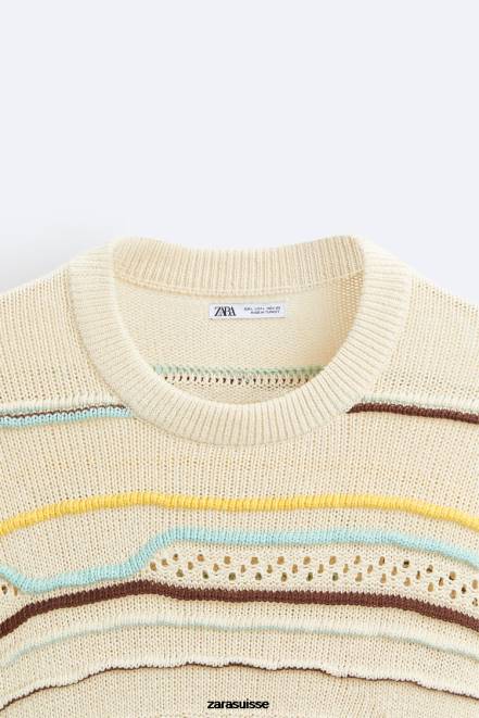 Zara vêtements P66V1031 Hommes pull texturé à rayures écru