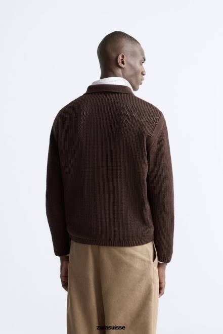 Zara vêtements P66V1032 Hommes polo ouvert en maille structurée chocolat