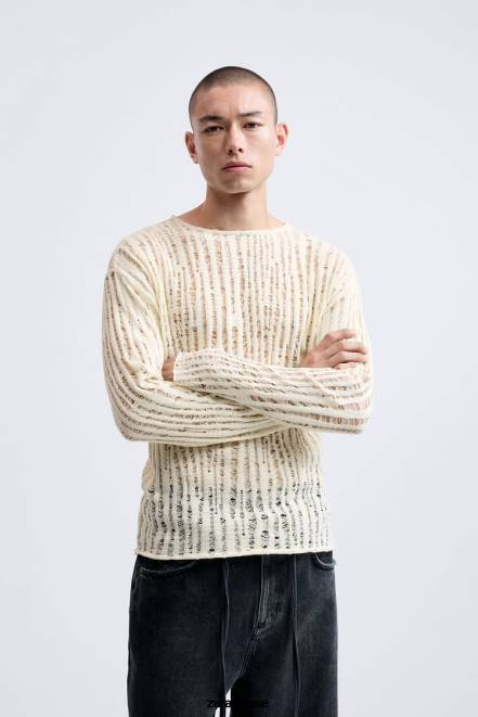Zara vêtements P66V1034 Hommes haut à mailles tombantes écru