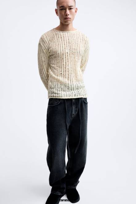 Zara vêtements P66V1034 Hommes haut à mailles tombantes écru