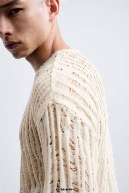 Zara vêtements P66V1034 Hommes haut à mailles tombantes écru