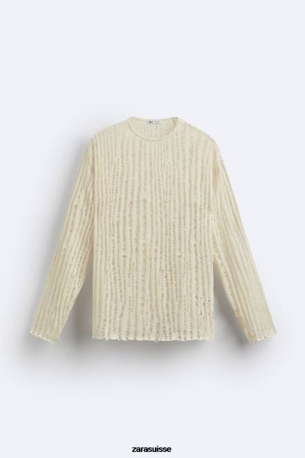 Zara vêtements P66V1034 Hommes haut à mailles tombantes écru