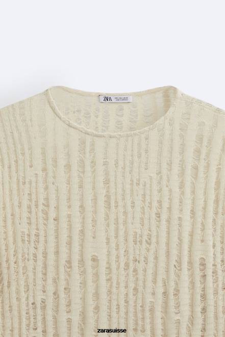 Zara vêtements P66V1034 Hommes haut à mailles tombantes écru