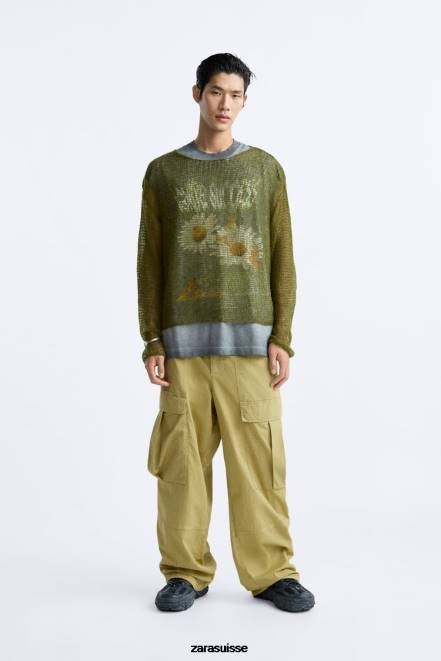Zara vêtements P66V1035 Hommes pull texturé en résille vert
