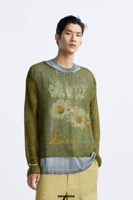 Zara vêtements P66V1035 Hommes pull texturé en résille vert