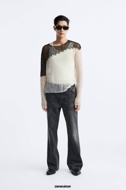 Zara vêtements P66V1036 Hommes pull structuré à mailles tombantes noir