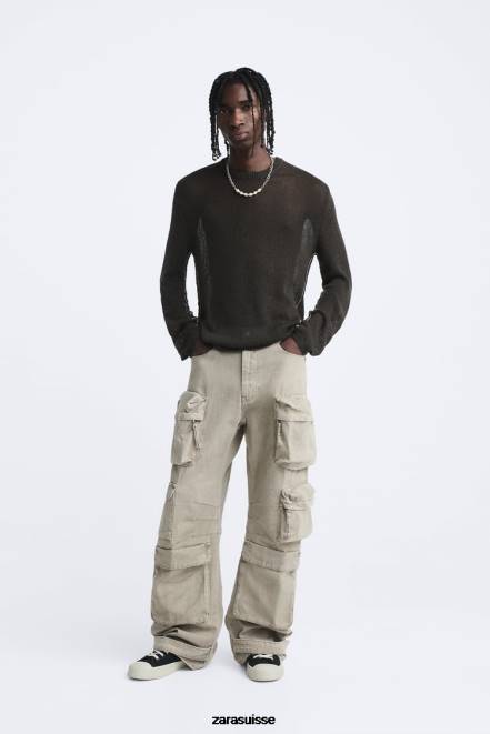 Zara vêtements P66V1037 Hommes pull texturé ouvert kaki foncé