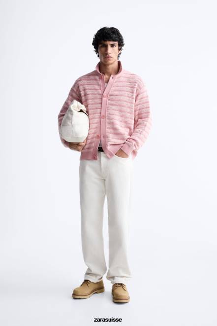 Zara vêtements P66V1039 Hommes cardigan en coton texturé rose
