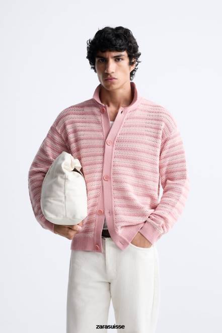 Zara vêtements P66V1039 Hommes cardigan en coton texturé rose
