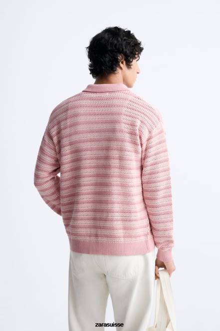Zara vêtements P66V1039 Hommes cardigan en coton texturé rose