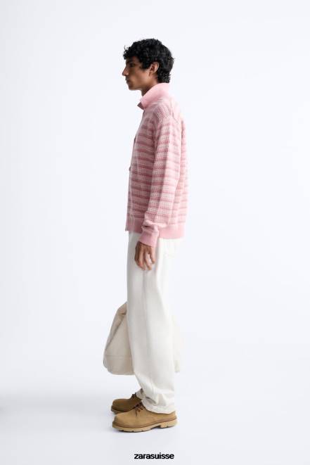 Zara vêtements P66V1039 Hommes cardigan en coton texturé rose