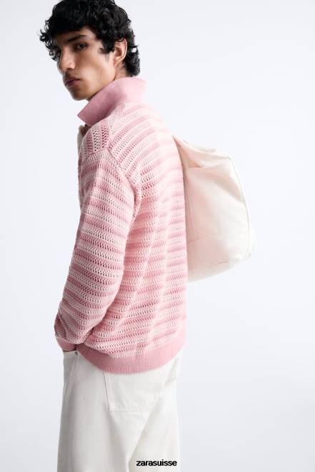 Zara vêtements P66V1039 Hommes cardigan en coton texturé rose