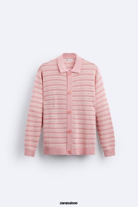 Zara vêtements P66V1039 Hommes cardigan en coton texturé rose