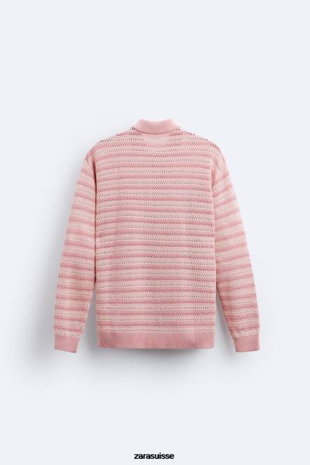 Zara vêtements P66V1039 Hommes cardigan en coton texturé rose