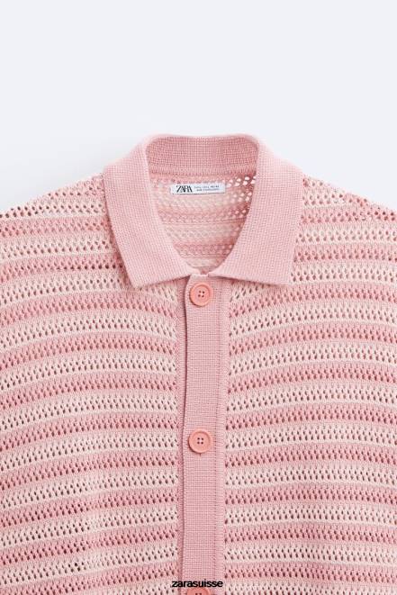 Zara vêtements P66V1039 Hommes cardigan en coton texturé rose