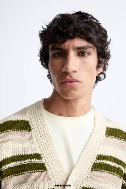 Zara vêtements P66V1040 Hommes cardigan à rayures vert