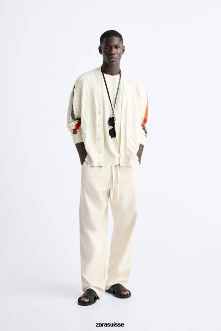 Zara vêtements P66V1042 Hommes cardigan tissé texturé écru