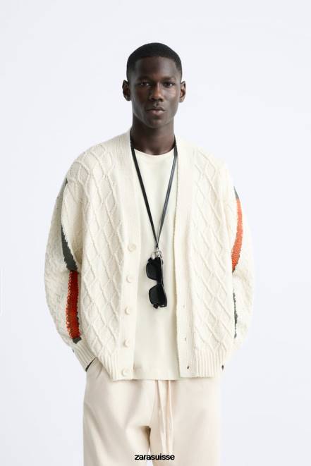 Zara vêtements P66V1042 Hommes cardigan tissé texturé écru