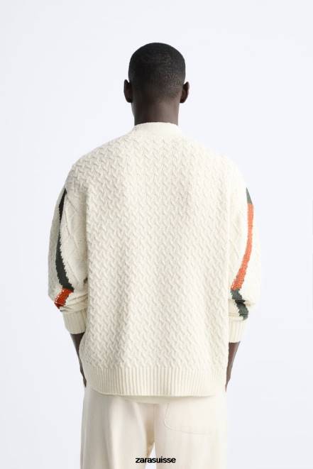 Zara vêtements P66V1042 Hommes cardigan tissé texturé écru