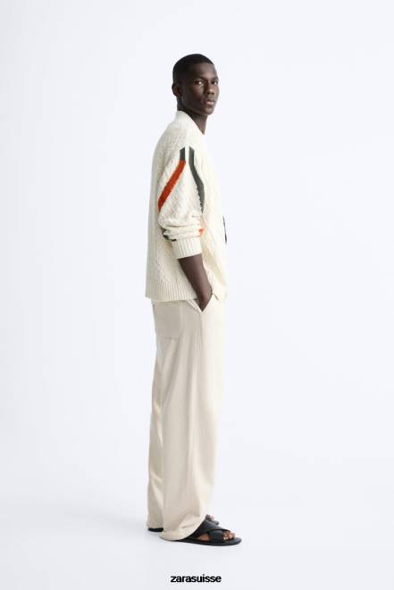 Zara vêtements P66V1042 Hommes cardigan tissé texturé écru