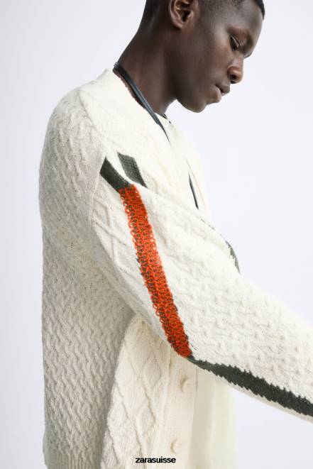 Zara vêtements P66V1042 Hommes cardigan tissé texturé écru