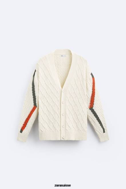 Zara vêtements P66V1042 Hommes cardigan tissé texturé écru