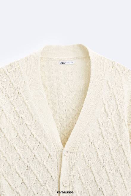 Zara vêtements P66V1042 Hommes cardigan tissé texturé écru