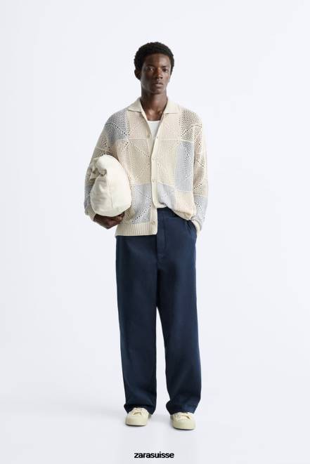 Zara vêtements P66V1043 Hommes cardigan texturé au crochet pierre