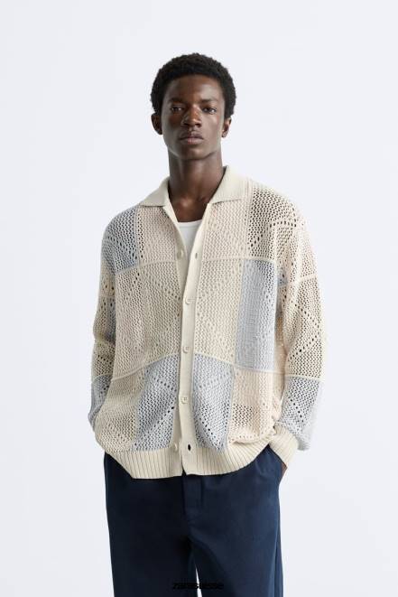 Zara vêtements P66V1043 Hommes cardigan texturé au crochet pierre