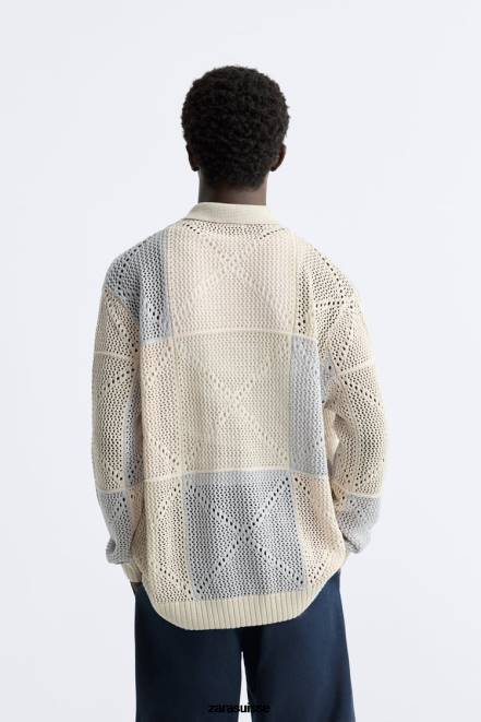 Zara vêtements P66V1043 Hommes cardigan texturé au crochet pierre