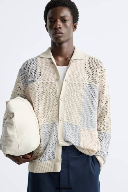 Zara vêtements P66V1043 Hommes cardigan texturé au crochet pierre