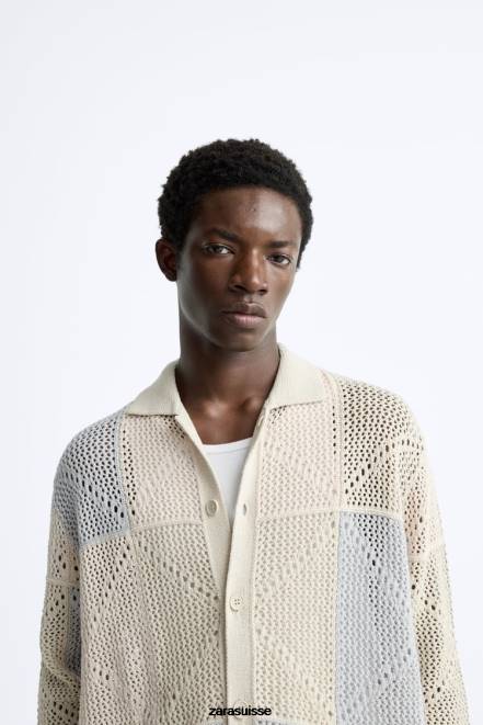 Zara vêtements P66V1043 Hommes cardigan texturé au crochet pierre